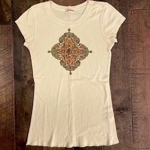 Sugar tart boho ivory embellished short sleeve t-shirt, size large